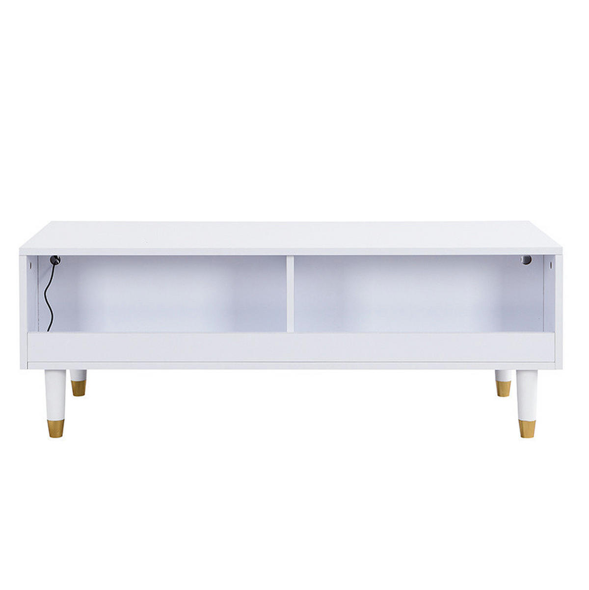 COUCHTISCH 110/50/40 cm mit LED-Beleuchtung, 2 Schubladen und MDF-Korpus mit gold-weißen Massivholzbeinen, Weiß - Weiß, Holzwerkstoff (110/50/40cm) - Redom
