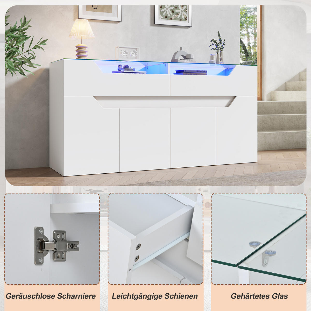 SIDEBOARD Weiß MDF 2 Schubladen Glasplatte 140cm Modern - Weiß, Holzwerkstoff (140/70/40cm) - FLIEKS