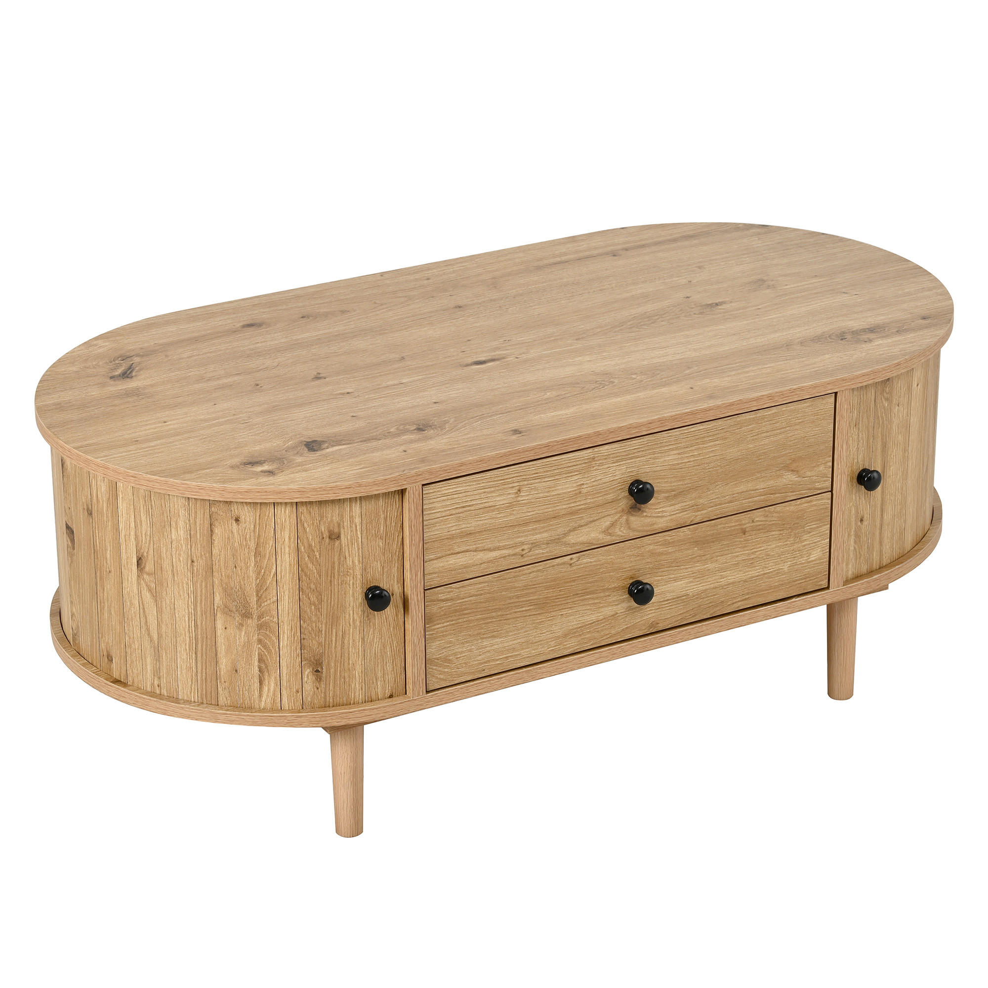COUCHTISCH DE-37074 oval mit Schiebetüren und 2 Schubladen Eiche - Eichefarben, Holzwerkstoff (100/50/40cm) - ComfortXL