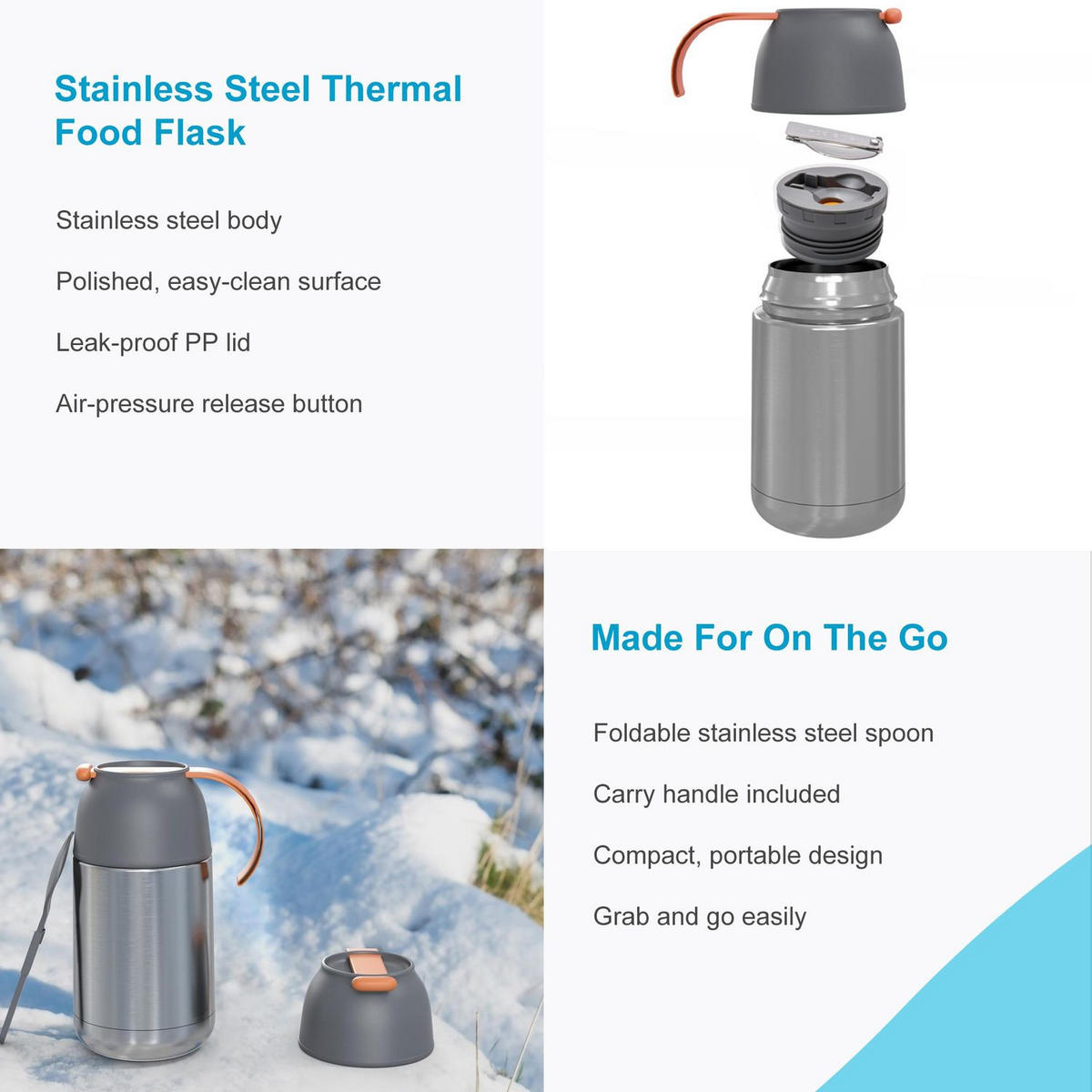THERMOBEHÄLTER 650ml Auslaufsicher - Grau, Metall (0.65L) - Intirilife