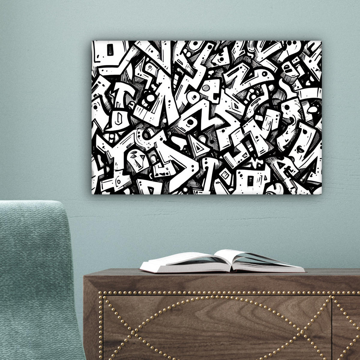 LEINWANDBILD Formen - Buchstaben - Graffiti - Schwarz Deko Schlafzimmer 30x20 cm - Schwarz, Textil (30/20cm) - MuchoWow