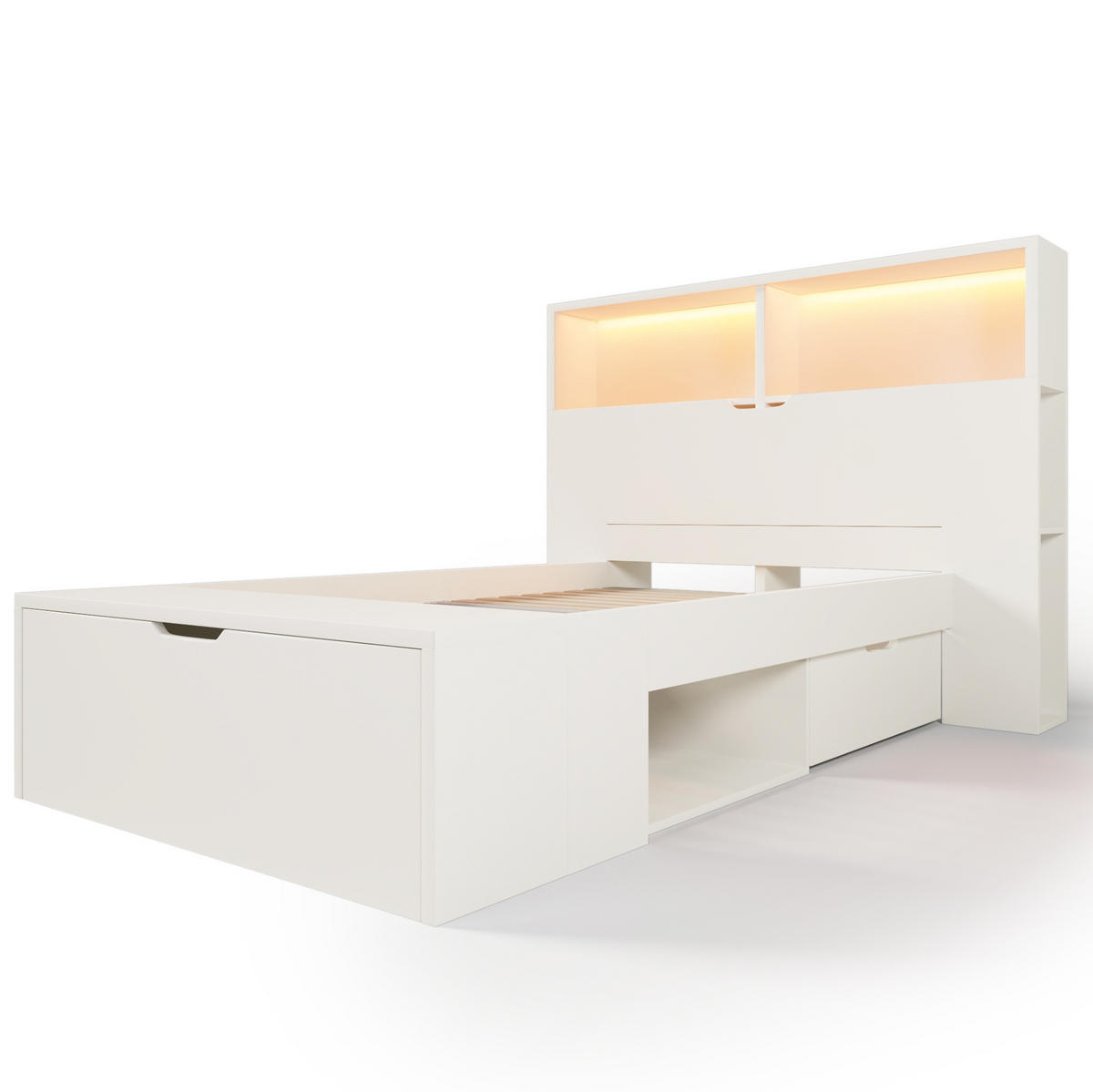 BETT 90x200 cm in Weiß mit LED & USB-C-Ladeanschlüssen - Weiß, Holzwerkstoff (90/200cm) - Modfu