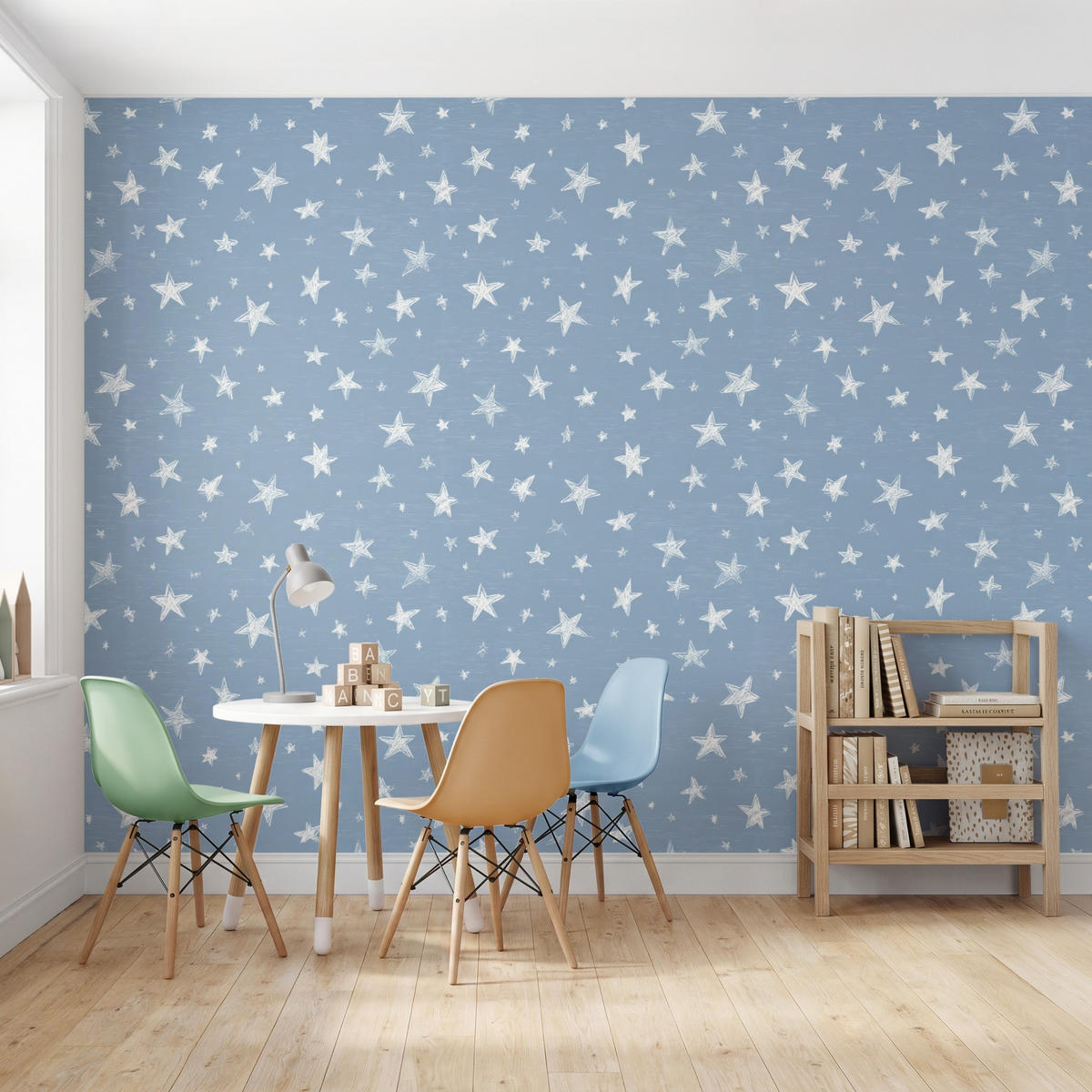 KINDERTAPETE - Sterne - Muster - Blau - 350x260 cm - Hellblau, Papier (350/260cm) - OnlyWow