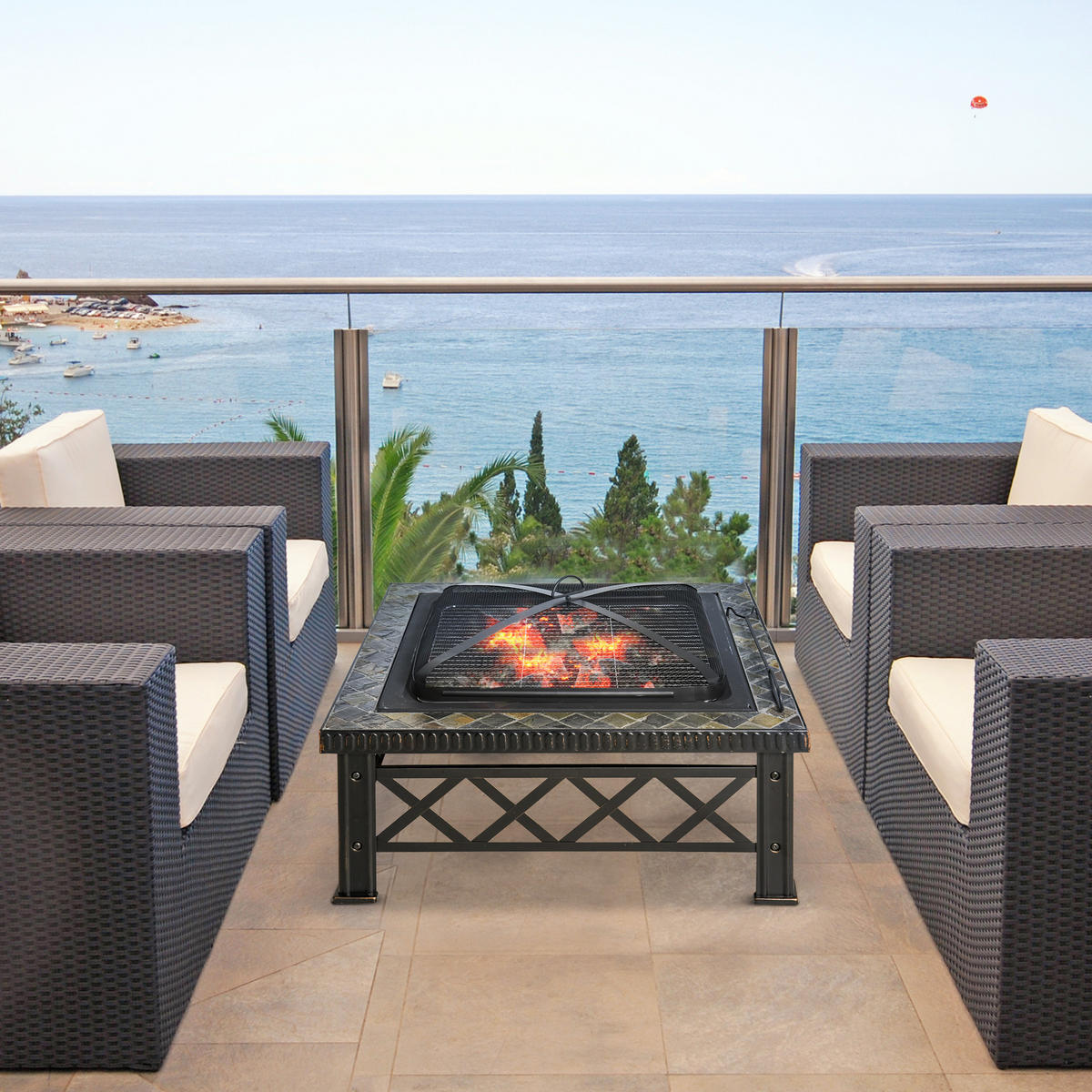 FEUERSCHALE, Schiefer, Stahl, Schwarz - Schwarz, Naturmaterialien/Metall (76/47/76cm) - Outsunny