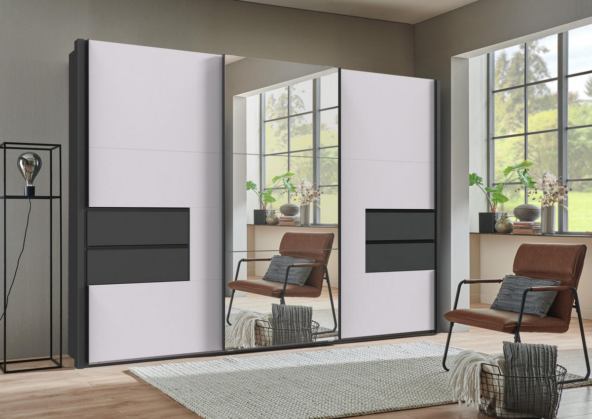 SCHWEBETÜRENSCHRANK B312/H216/T65 cm, Korpus+Passepartout+Schubladen Grafit, Türen Weiß / Spiegel, inkl. Vollausstattung / 22063 - Schwarz/Graphitfarben, Holzwerkstoff/Metall (312/216/65cm) - luma-home
