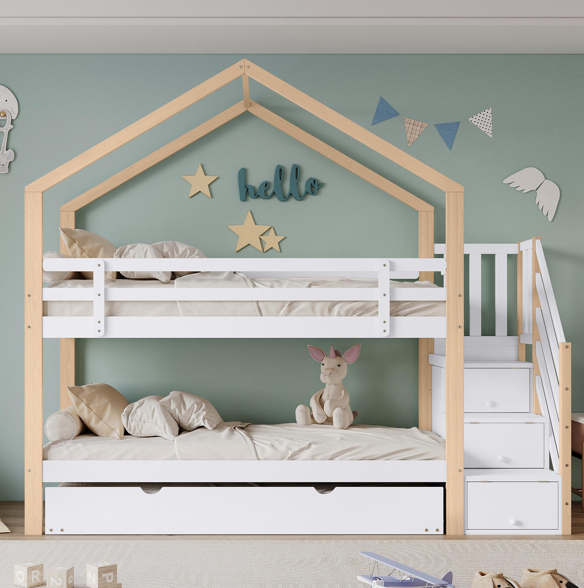 ETAGENBETT mit Ausziehbett und Schubladentreppe 90x200/90x190 cm Natur/Weiß - Weiß, Holzwerkstoff (90/200cm) - Beauniv