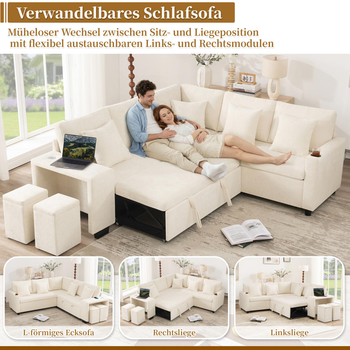 ECKSOFA 220/205/86,5 cm mit Schlaffunktion, Stauraum, Chenille-Bezug, USB- und USB-C-Anschluss, Beige - Beige, Textil (220/205cm) - Redom