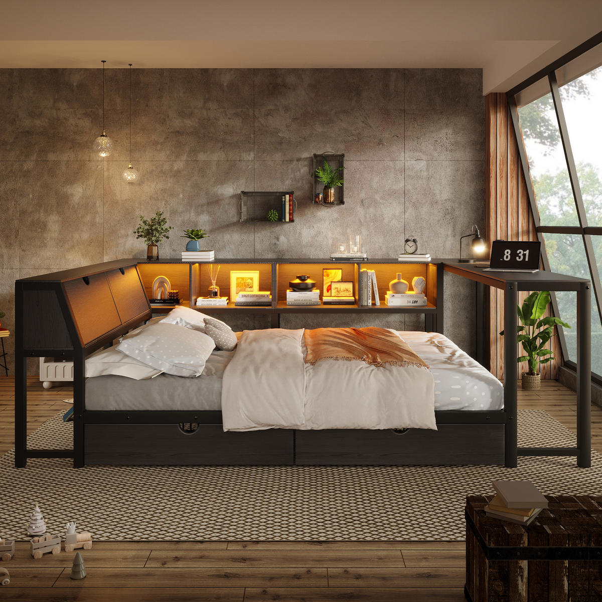 METALLBETT 140x200cm mit Stauraum-Kopfteil, Schwarz - Schwarz, Metall (140/200cm) - KOMHTOM