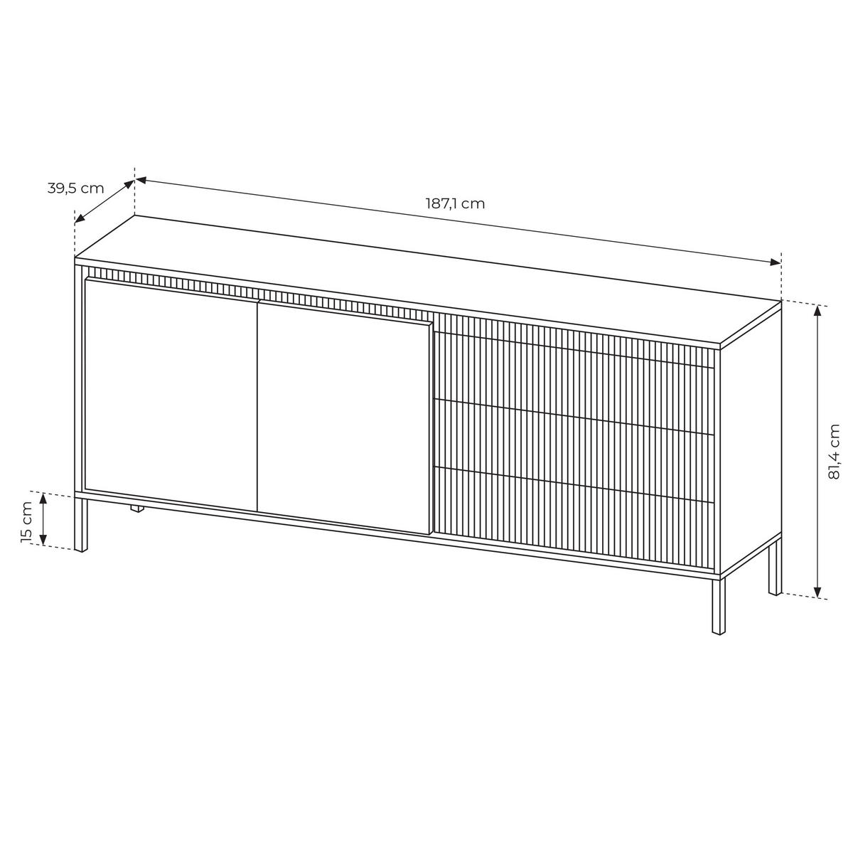 SIDEBOARD Trentinis 2T 3S Beige 187,1/41,4/39,5 cm – Geriffelten Fronten - Beige, Holzwerkstoff/Metall (187.1/41.4/39.5cm) - AX Living
