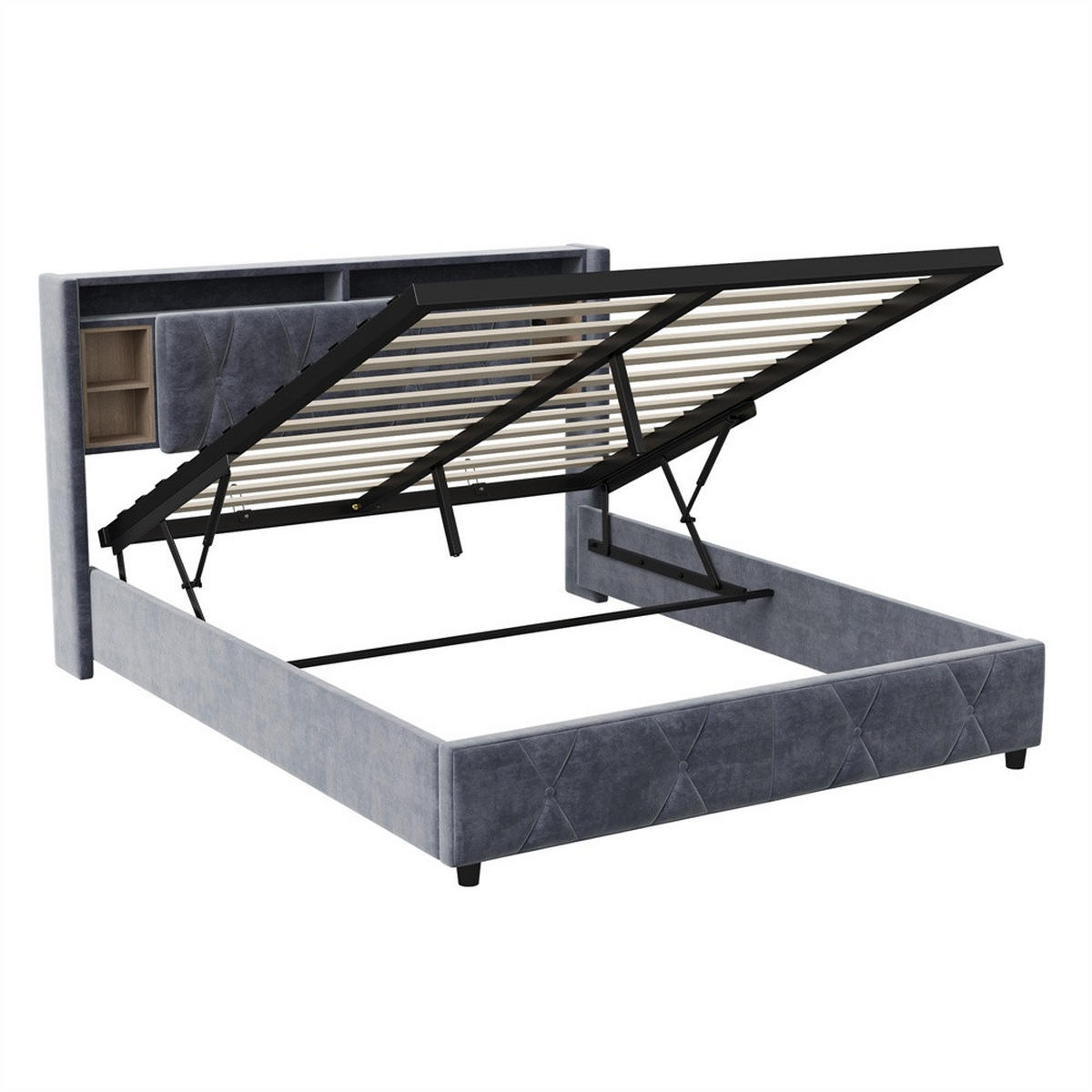 POLSTERBETT 140x200 cm mit LED-Beleuchtung - aufklappbarem Kopfteil & hydraulischem Bettkasten - Integrierte Ladestation - Grau, Textil (140/200cm) - DELFA