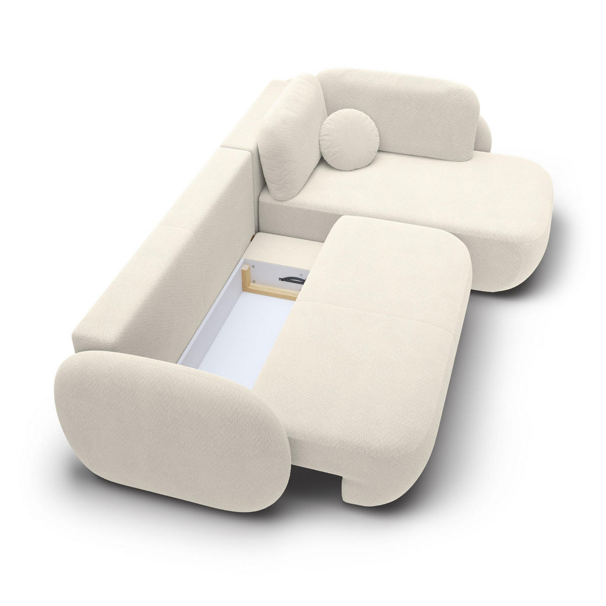 ECKSOFA AMICO II R-S Creme Geflochtener Stoff mit Schlaffunktion - Creme, Holz (289/190cm) - MASSENO