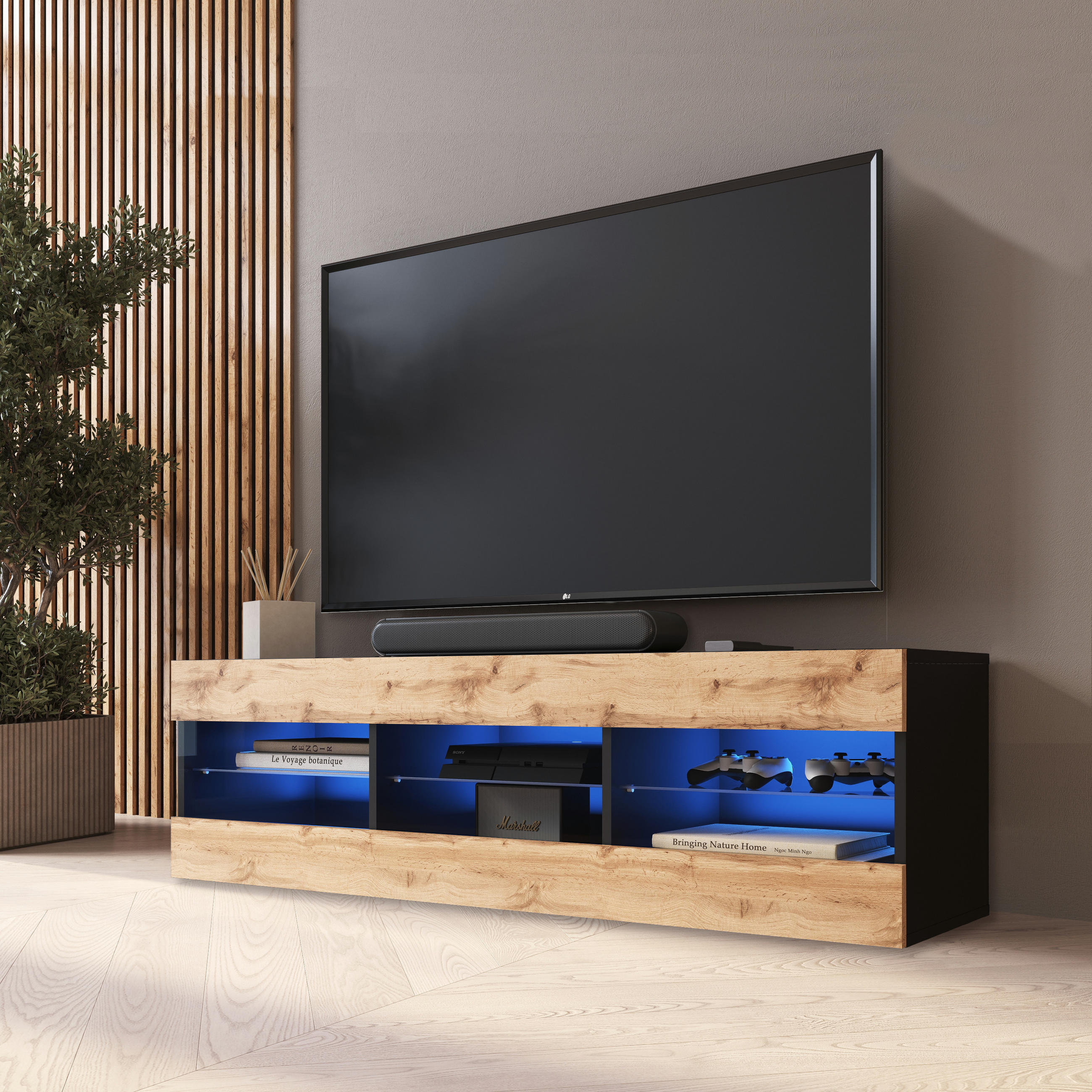 LOWBOARD TIVOLI RTV 140, Wotan, LED Blau - Eiche Wotan/Schwarz, Glas/Holzwerkstoff (140/40.5/35.5cm) - Komodee
