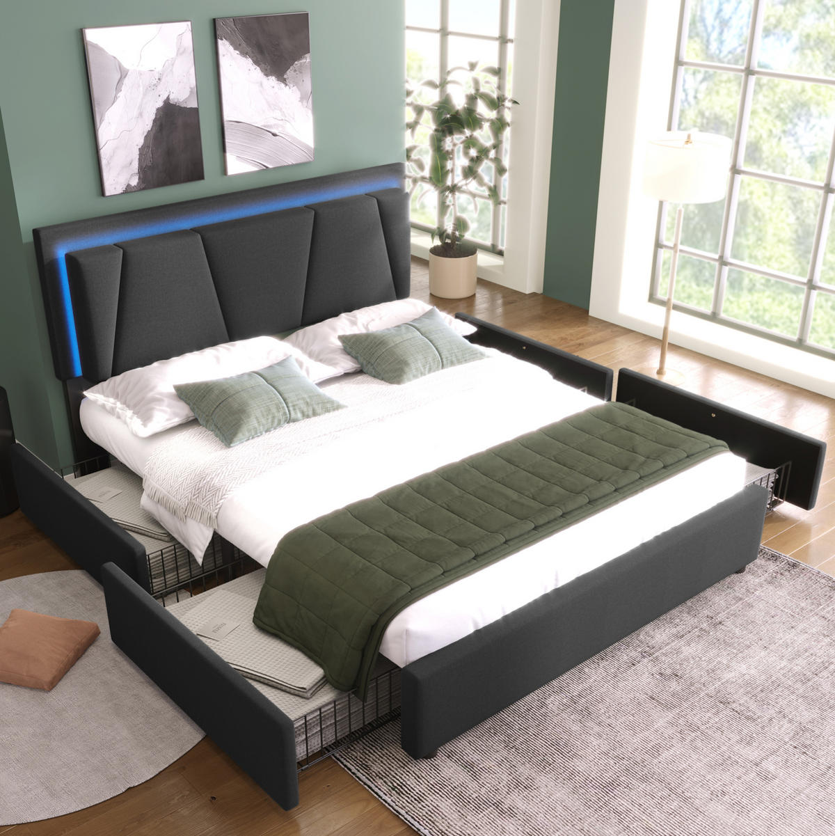ČALOUNĚNÁ postel 160x200 cm s LED osvětlením, výškově nastavitelným čelem a 4 zásuvkami, Šedá - šedá, dřevo (160/160cm) - Redom