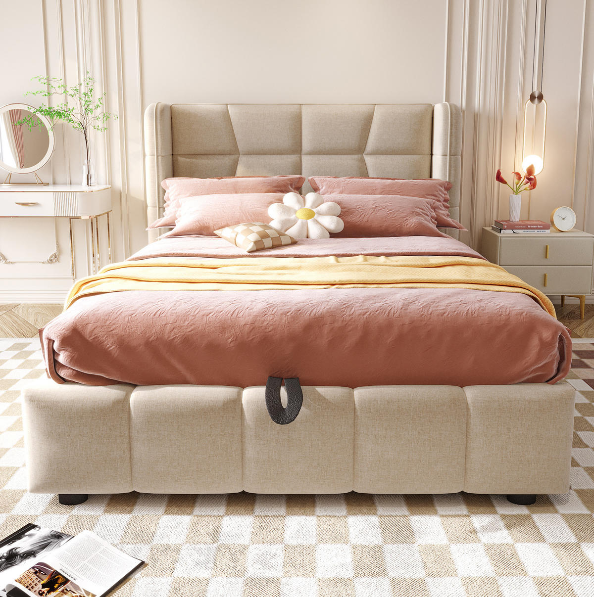 POLSTERBETT mit Stauraum 90x200 cm Leinenstoff Beige - Beige, Metall (90/200cm) - Beauniv
