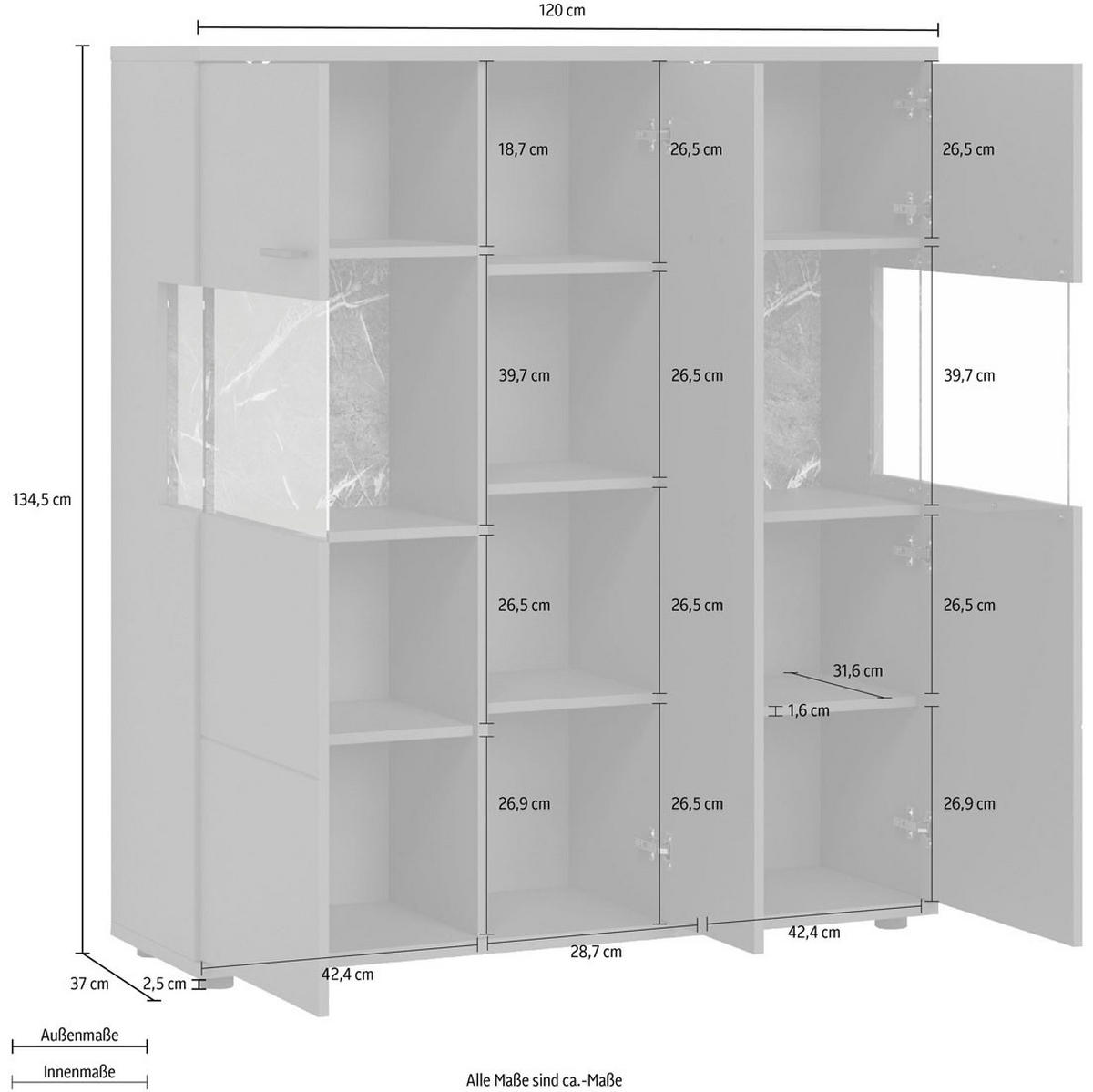 HIGHBOARD Henley weiß Hochglanz / Einsatz Sinope Marble 120 / 37 / 134cm - Weiß Hochglanz/Weiß, Holzwerkstoff/Kunststoff (120/134/37cm) - Feldmann-Wohnen