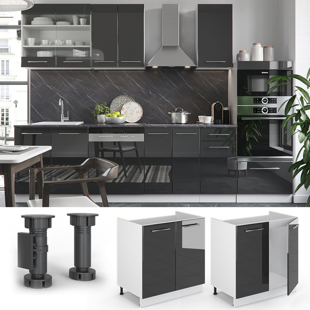 SPÜLENUNTERSCHRANK Fame-Line Anthrazit Hochglanz 80 cm, AP Eiche - Schwarz Hochglanz/Anthrazit, Holzwerkstoff (80/82/60cm) - Vicco