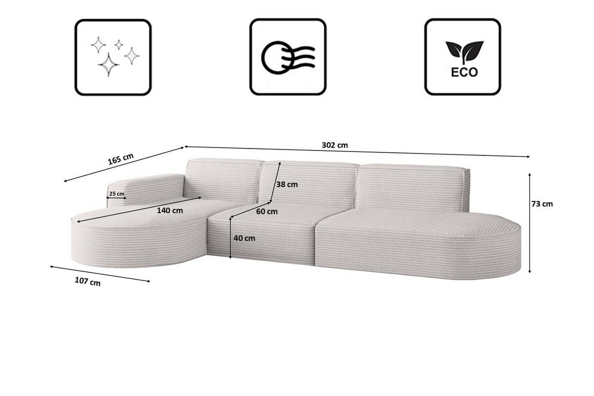 ECKSOFA Designer, Sofa L form MODENA 302 cm stoff Poso Ecru Links - Ecru, Holz (302/296cm) - Kaiser Möbel