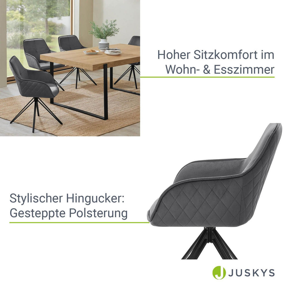 DREHSTUHL Clyde mit Armlehne samt dunkelgrau (2er-Set) - Dunkelgrau, Textil (57/85/61cm) - Juskys