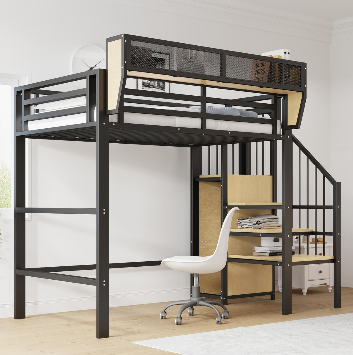 HOCHBETT 90/200 cm mit Sicherheitsleiter und flexiblem Regal, platzsparendes Metallbett, Schwarz - Schwarz, Metall (90/200cm) - Redom