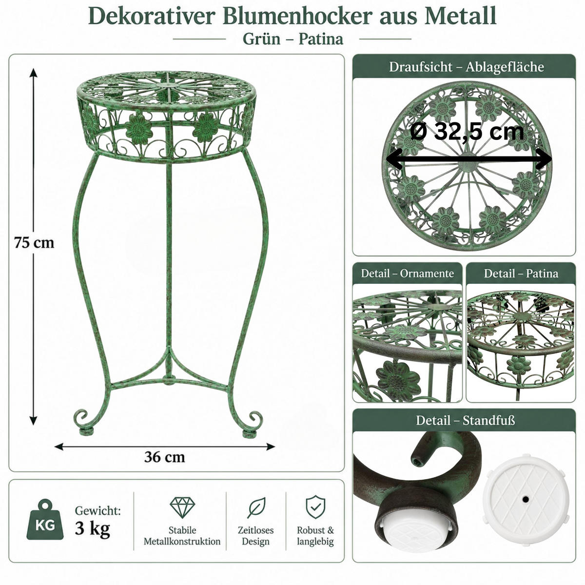 BLUMENHOCKER rund Metall Grün antik 36/36/75 cm - Grün, Metall (36/75/36cm) - DanDiBo