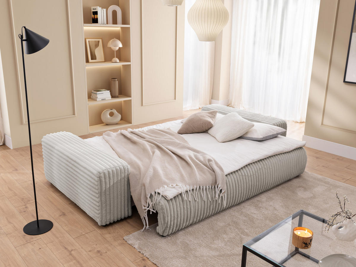 BIGSOFA Mollis Hellgrau Plüschcord mit Schlaffunktion - Hellgrau/Schwarz, Holz/Kunststoff (260/77/124cm) - S-Style Möbel