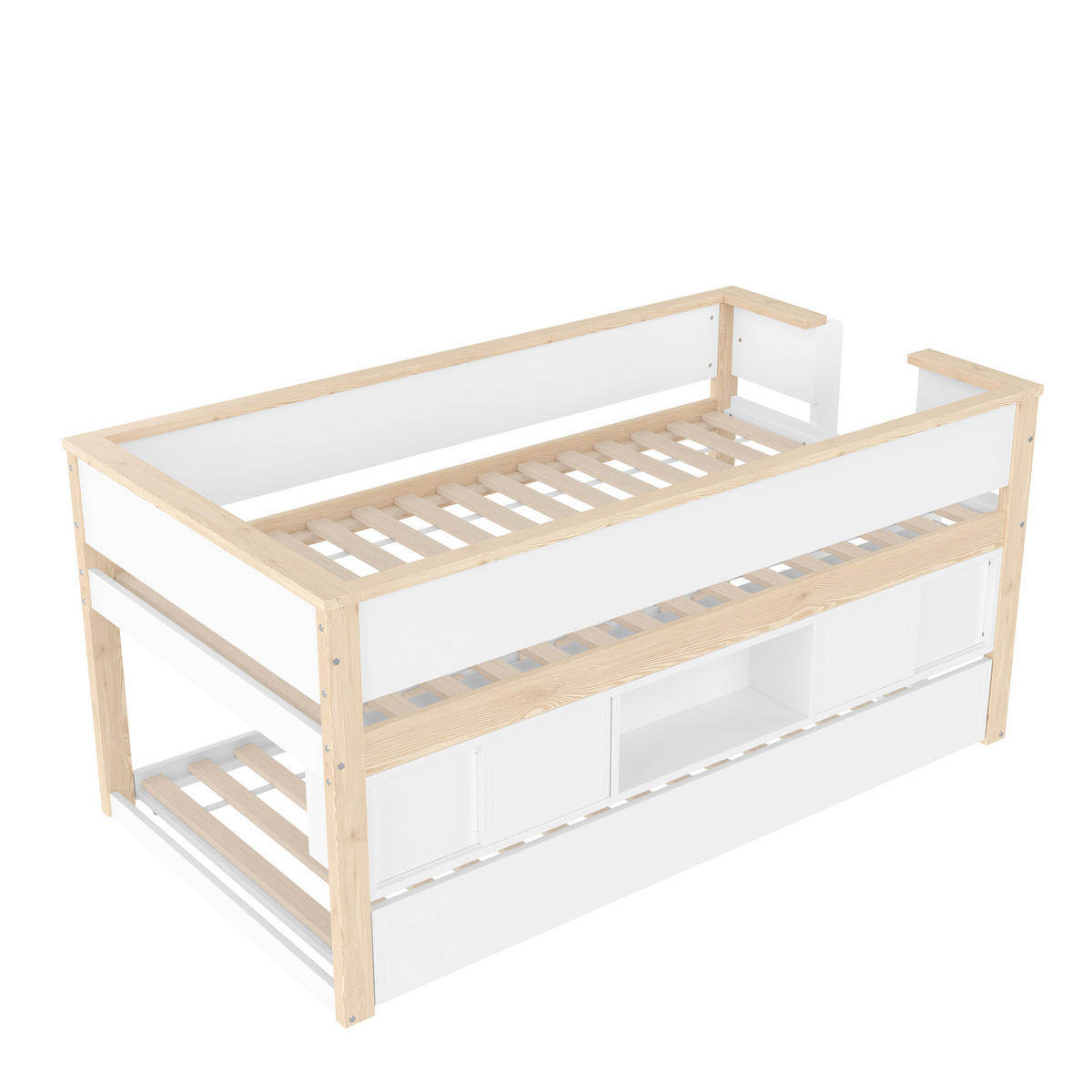 HOCHBETT 90/200 cm mit ausziehbarem Bett und Stauraum Weiß + Natur - Weiß, Holz (90/200cm) - OKWISH