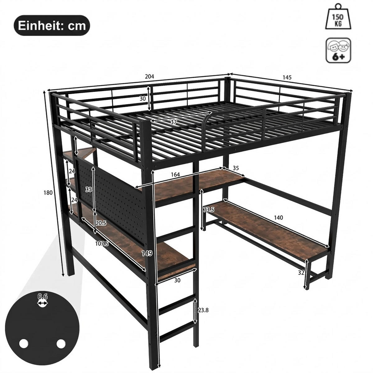 HOCHBETT 140/200 cm Schwarz mit Schreibtisch, mehrstöckiges Regal und LED-Lichtleiste - Schwarz, Metall (140/200cm) - Oxeza