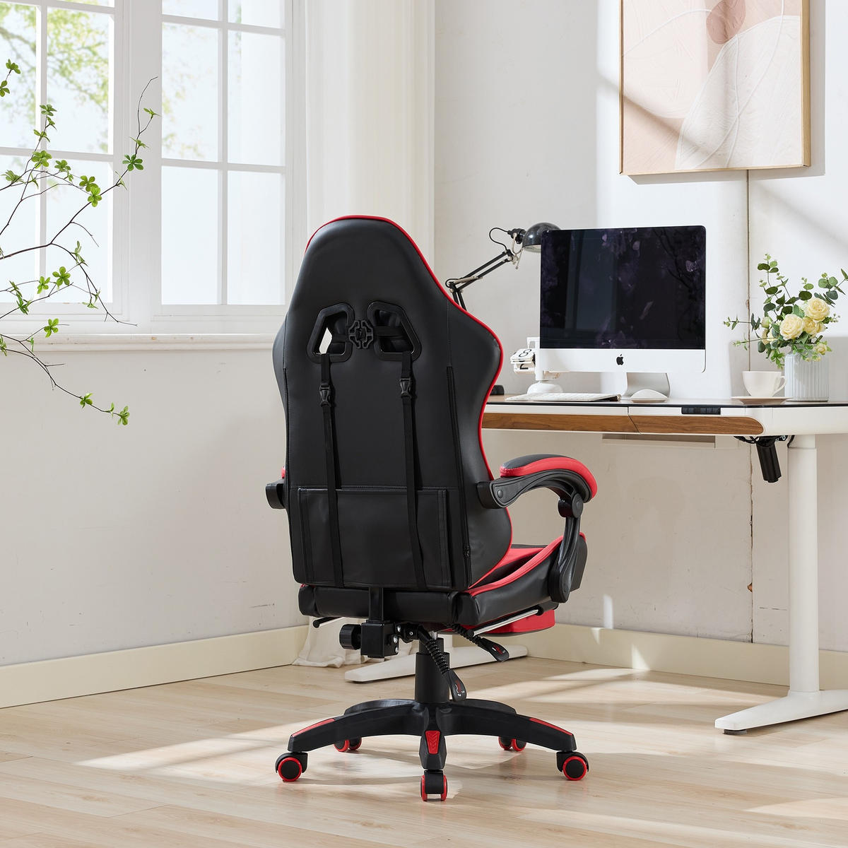 DREHSTUHL B64 / T58 / H116.5-126 cm, Rennsport-Design, gepolstertes PVC-Leder, höhenverstellbar und drehbar, Schwarz/Rot - Rot, Kunststoff (58/116.5/64.5cm) - Redom