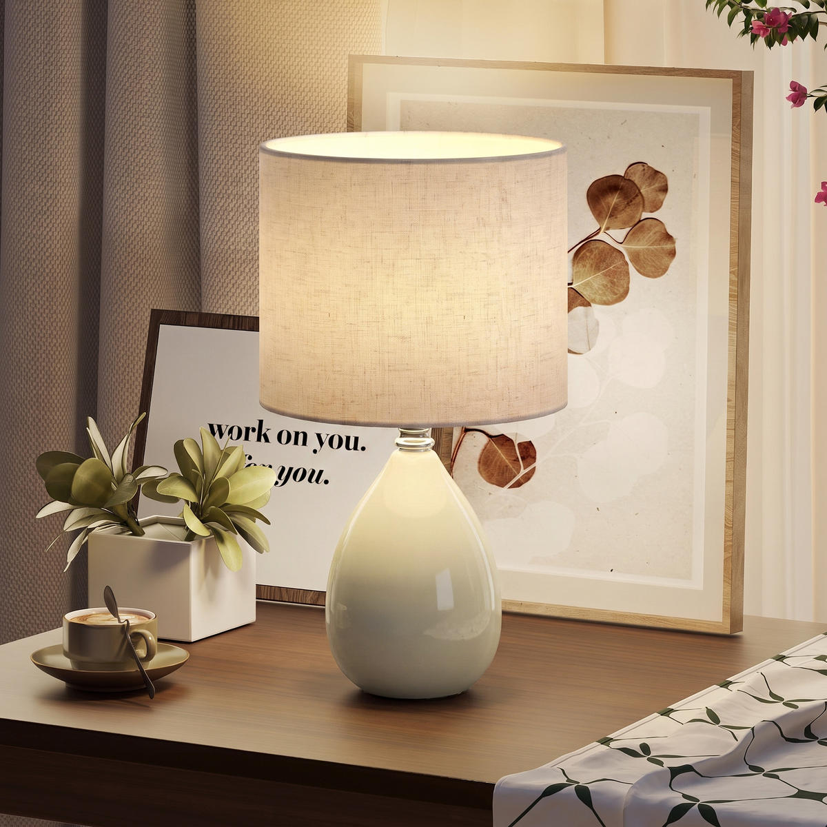 TISCHLAMPE Keramik Leinen Cremeweiß - Creme, Keramik (22/22/35cm) - HOMCOM