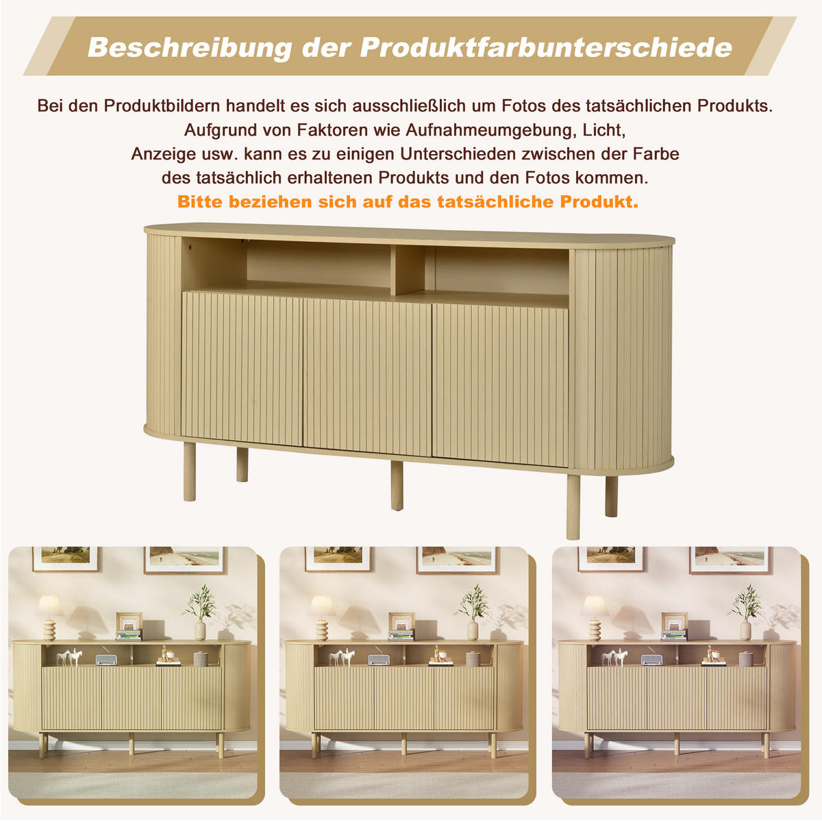 SIDEBOARD 160x40x78.5cm Naturholz mit 3 Wellentüren - Naturfarben, Holzwerkstoff (160/78.5/40cm) - FLIEKS