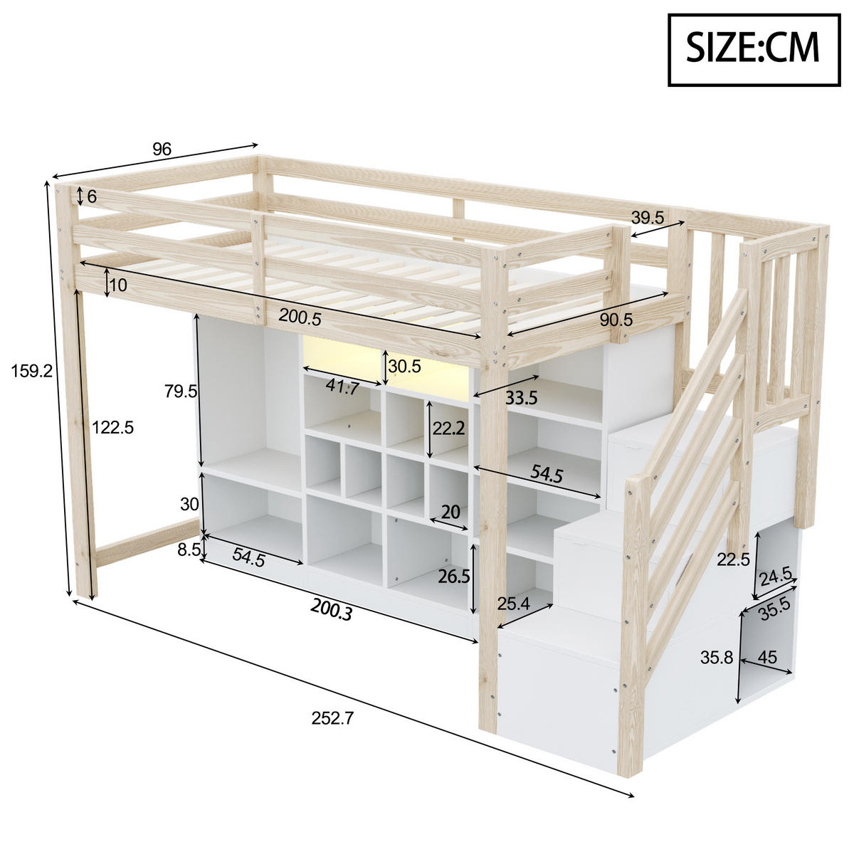 HOCHBETT 90/200 cm Weiß/Holzfarbe mit LED und Lattenrost - Naturfarben, Holz (90/200cm) - MIVRAY