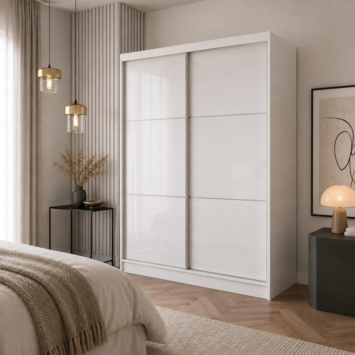 SCHWEBETÜRENSCHRANK Viva 150/216/61 weiß mit Lacobel-Glas - Weiß, Holzwerkstoff (150/216/61cm) - Beautysofa