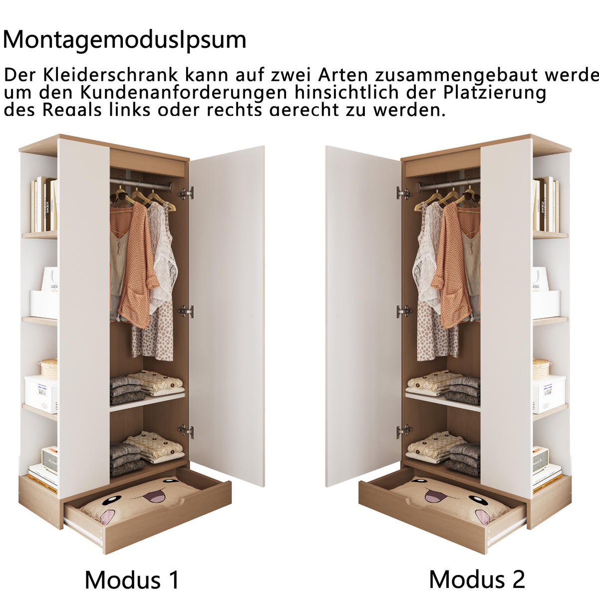 KLEIDERSCHRANK 70/40/170 cm aus Holz mit Einlegeböden und Schubladen, Naturholzfarbe + Weiß - Naturfarben, Holz (40/170/70cm) - OKMYHOME