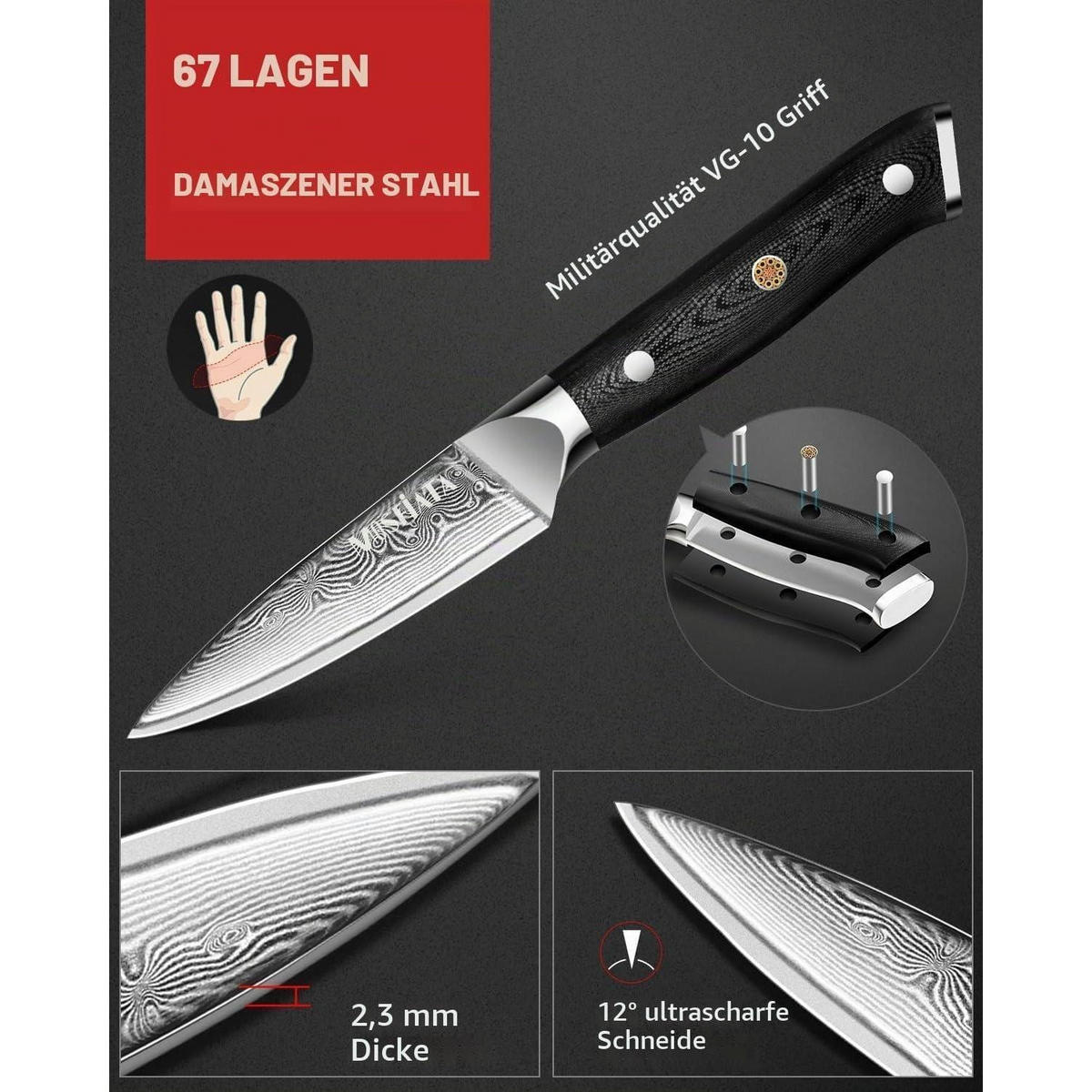 KÜCHENMESSER Damaststahl 9 cm VG10 G10-Griff Geschenkpaket - Silberfarben, Metall (20.3cm)