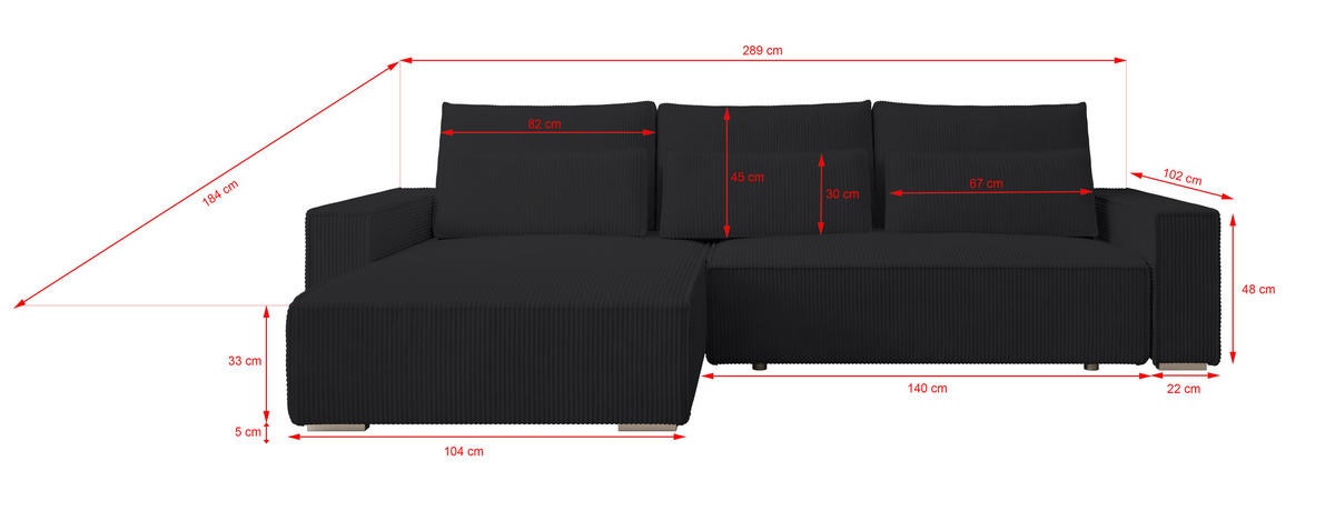 ECKSOFA Alice mit Bettkasten und Schlaffunktion, Cordstoff in L-Form - Schwarz, Textil (289/184cm)