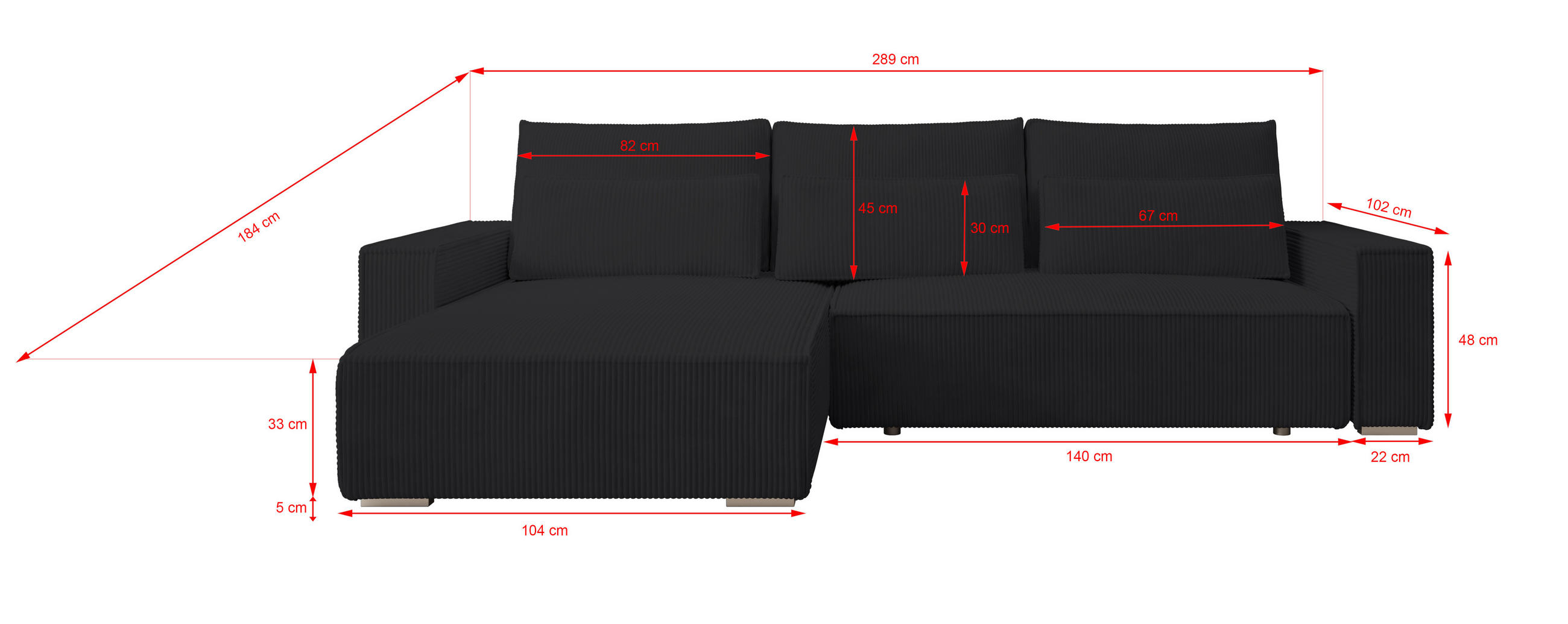Thumbnail - Ecksofa, Schwarz, Textil, 3-Sitzer, 289x184 cm, Wohnzimmer, Sofas & Couches, Wohnlandschaften, Ecksofas