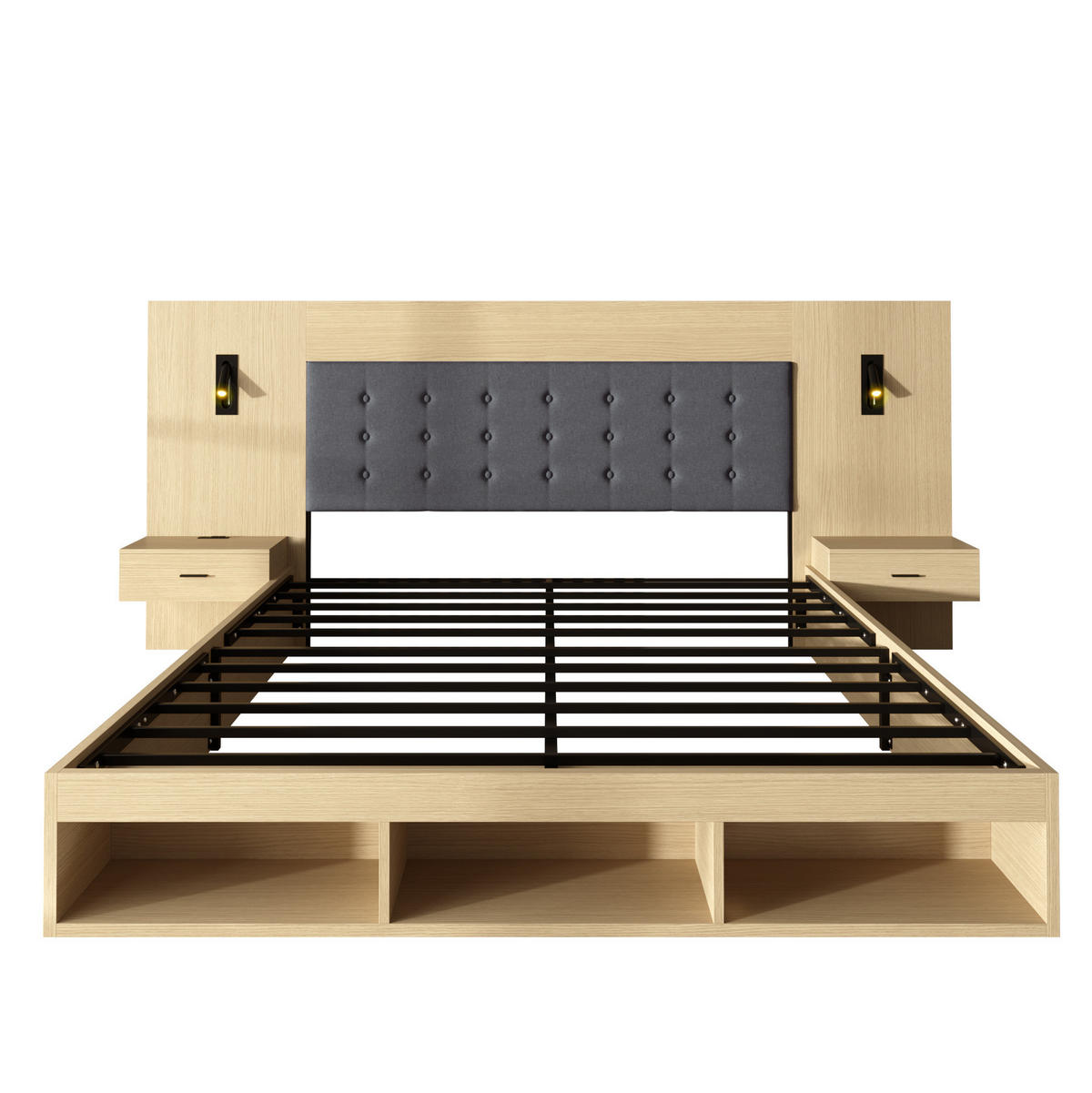 DVOJLÔŽKOVÁ posteľ z MDF 180x200 cm svetlý dub s USB a Type-C nabíjaním, lampou a úložným priestorom - farba duba, kompozitné drevo (180/200cm) - Modfu