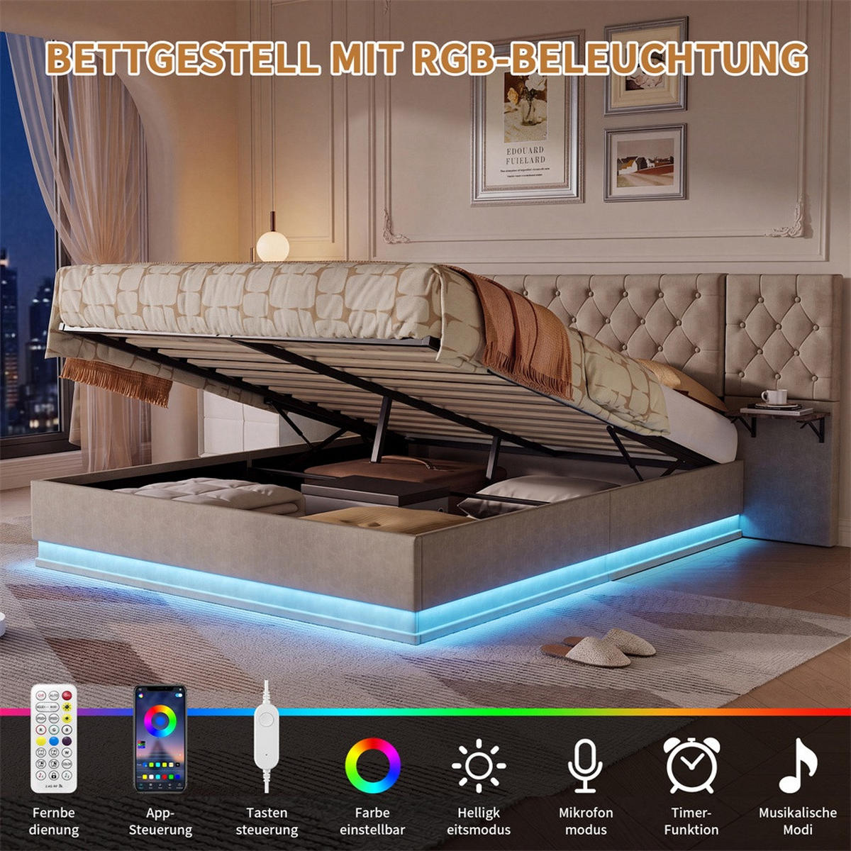 POLSTERBETT 160x200cm mit USB- & Type-C Ladeanschluss -Hydraulik-Stauraum und LED-Beleuchtung - Beige - Beige, Textil (160/200cm) - DELFA