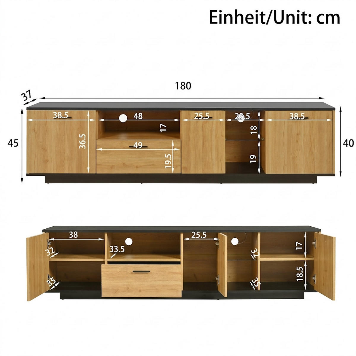 TV-SCHRANK 180/37/45 cm Schwarz Holz mit LED, 3 Türen und 1 Schublade - Schwarz, Holzwerkstoff (180/45/37cm) - Oxeza