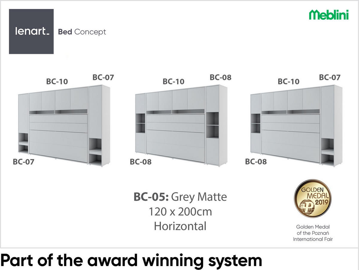 SCHRANKBETT BC-05 - 120x200cm Horizontal - Grau Matt mit Matratze - Grau, Holzwerkstoff (200/120cm) - Meblini