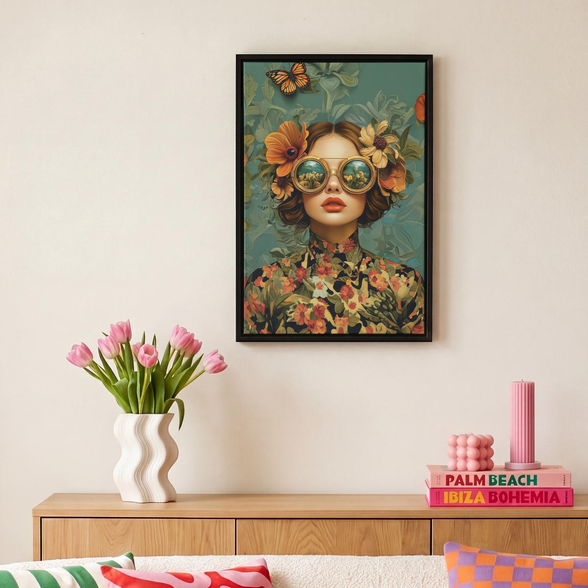 LEINWAND Bilder mit Rahmen - Frau - Blumen - Schmetterlinge - Natur - Vintage - 20x30 - Salbeigrün, Textil (20/30cm) - MuchoWow