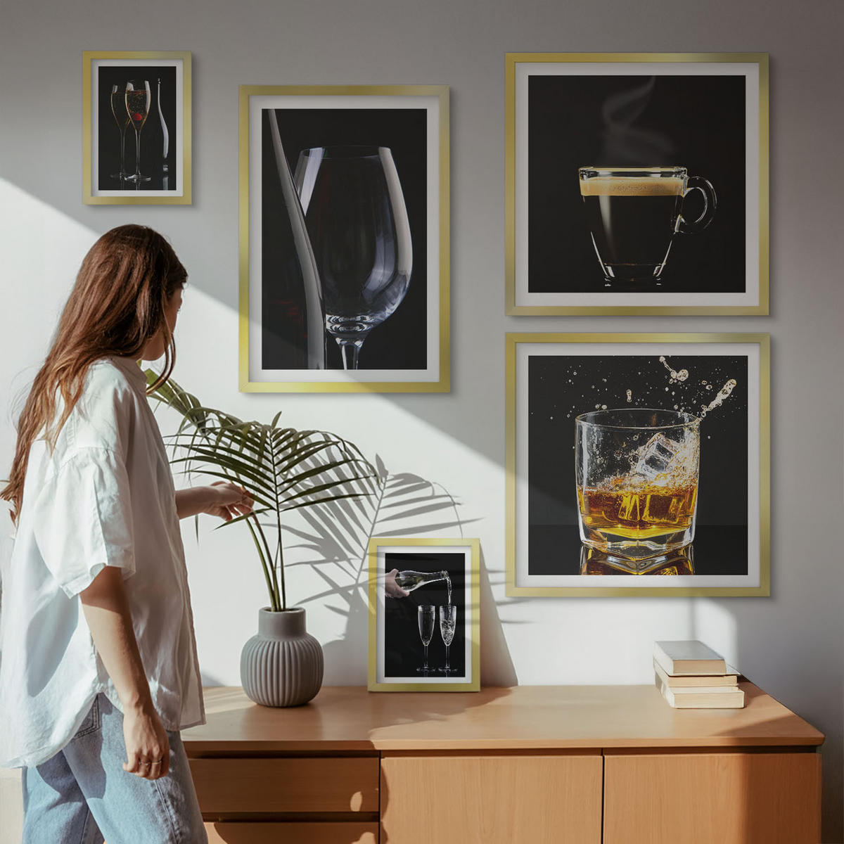 BILDER SET 5er Set - 50x50 cm & 20x30 cm & 40x60 cm Goldrahmen - Löwenzahn-Kalk-Kücheninschriften - Goldfarben, Kunststoff (40/60cm) - TULUP