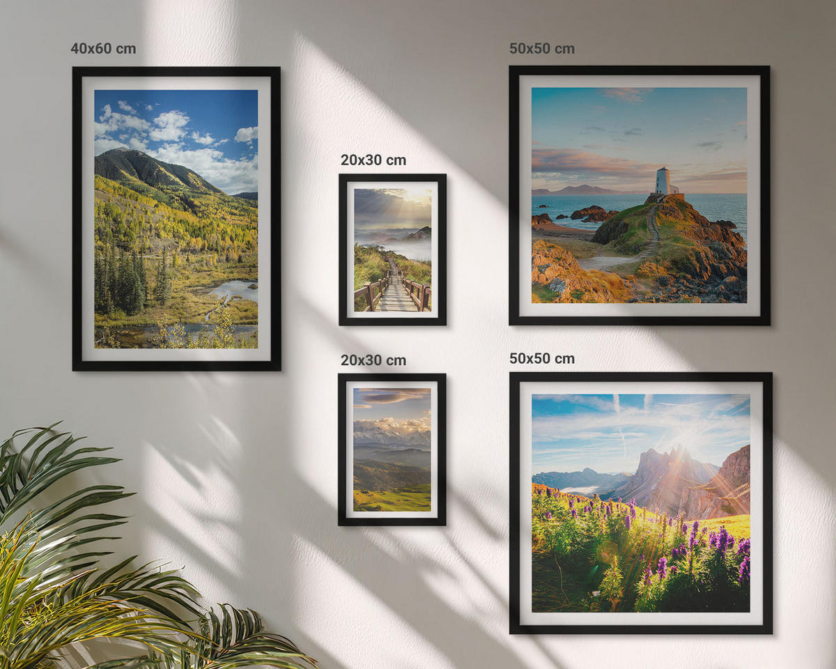 WANDBILDER 5er-Set - 50x50 cm & 20x30 cm & 40x60 cm Schwarzer Rahmen - Berglandschaften Wasserfall - Schwarz, Kunststoff (40/60cm) - ArtPrintCave