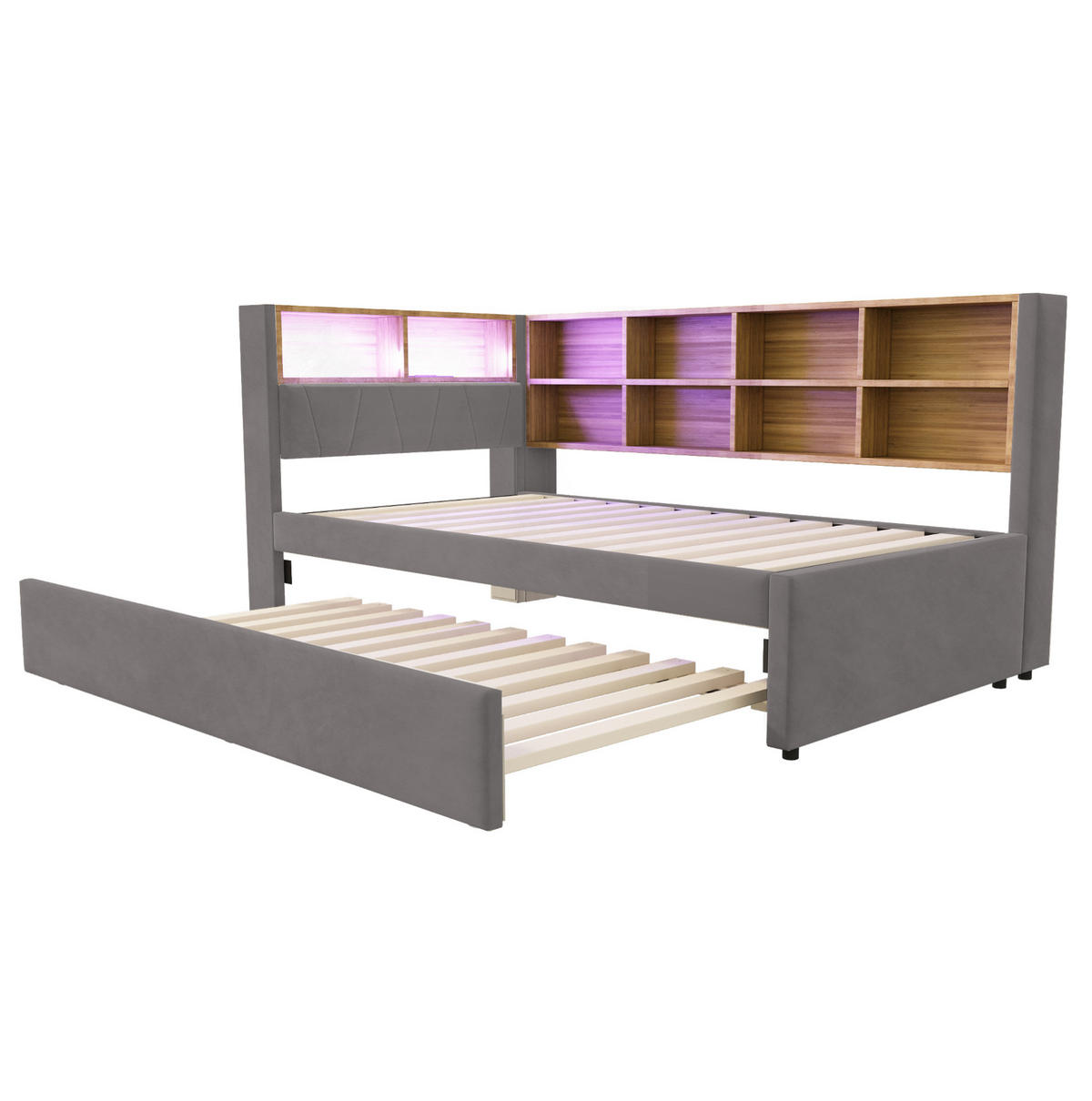 BETT 90/200 cm mit 90/190 cm Ausziehbett, LED, USB-C und Steckdose, Flanell, Dunkelgrau - Dunkelgrau, Textil (90/190cm) - Redom