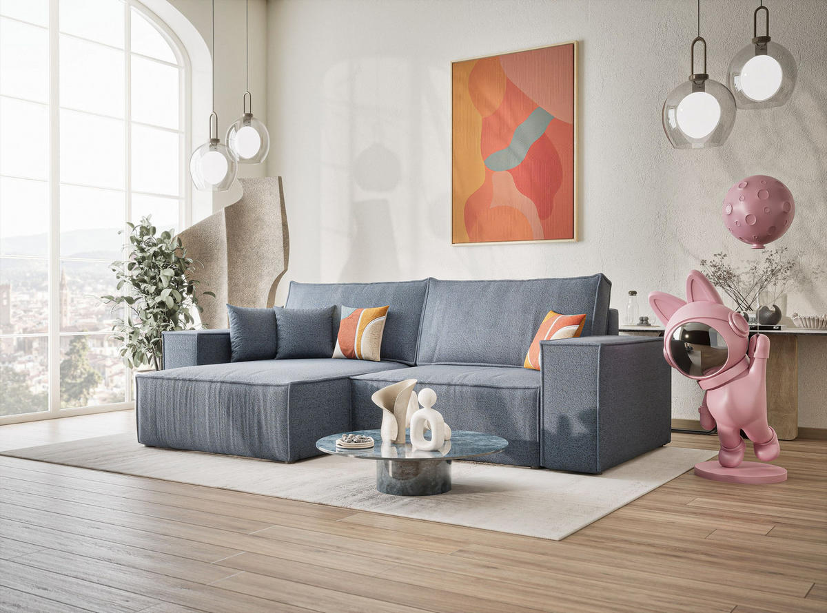 ECKSOFA MIT SCHLAFFUNKTION Zaya Blau Grau Webstoff - Blaugrau/Schwarz, Holz/Holzwerkstoff (255/148cm) - Maison de Reve