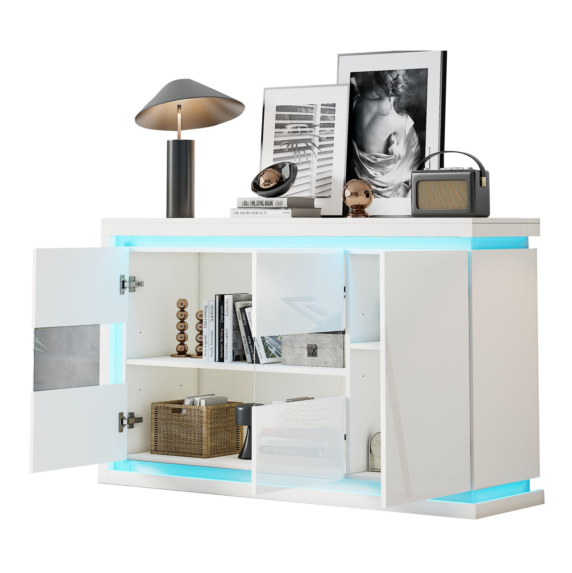 SIDEBOARD 140/40/84 cm, weißer Hochglanz-Vorderteil, 3 Türen mit 2 Gehärtet-Glas-Fronten und fernbedienbarer LED-Beleuchtung, Weiß - Weiß, Holzwerkstoff (140/84/40cm) - Redom