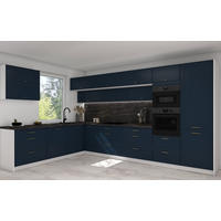 L-FORM KÜCHENZEILE Salo 18-tlg Weiß / Indigo Matt 387,2 / 266,7 / 207cm - Blum Teilauszug - Dunkelblau/Weiß, Holzwerkstoff/Metall (387.2/207/266.7cm) - Feldmann-Wohnen