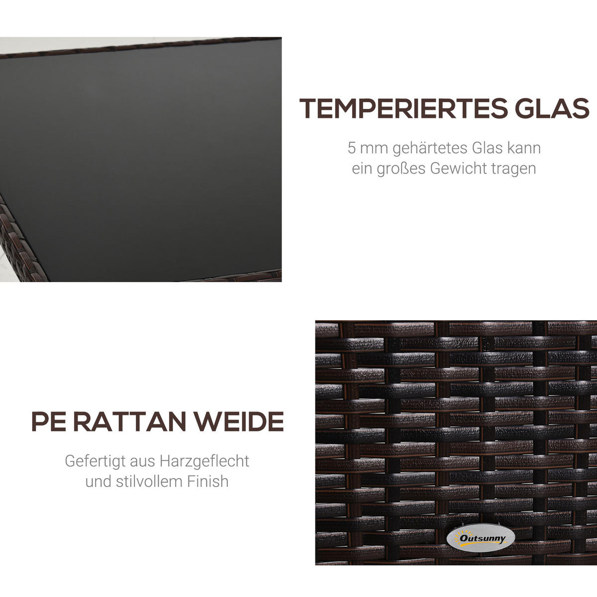 ESSTISCH, Braun + Schwarz, Metall, Sicherheitsglas, Polyrattan - Braun, Kunststoff (150/85/74cm) - Outsunny