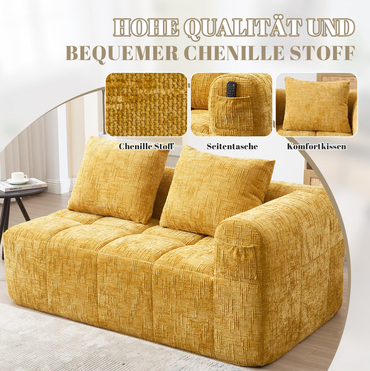 2-SITZER Sofa Chenille mit Chaiselongue und Seitentaschen 158/90/60 cm Gelb - Gelb, Textil (60/158/90cm) - Redom