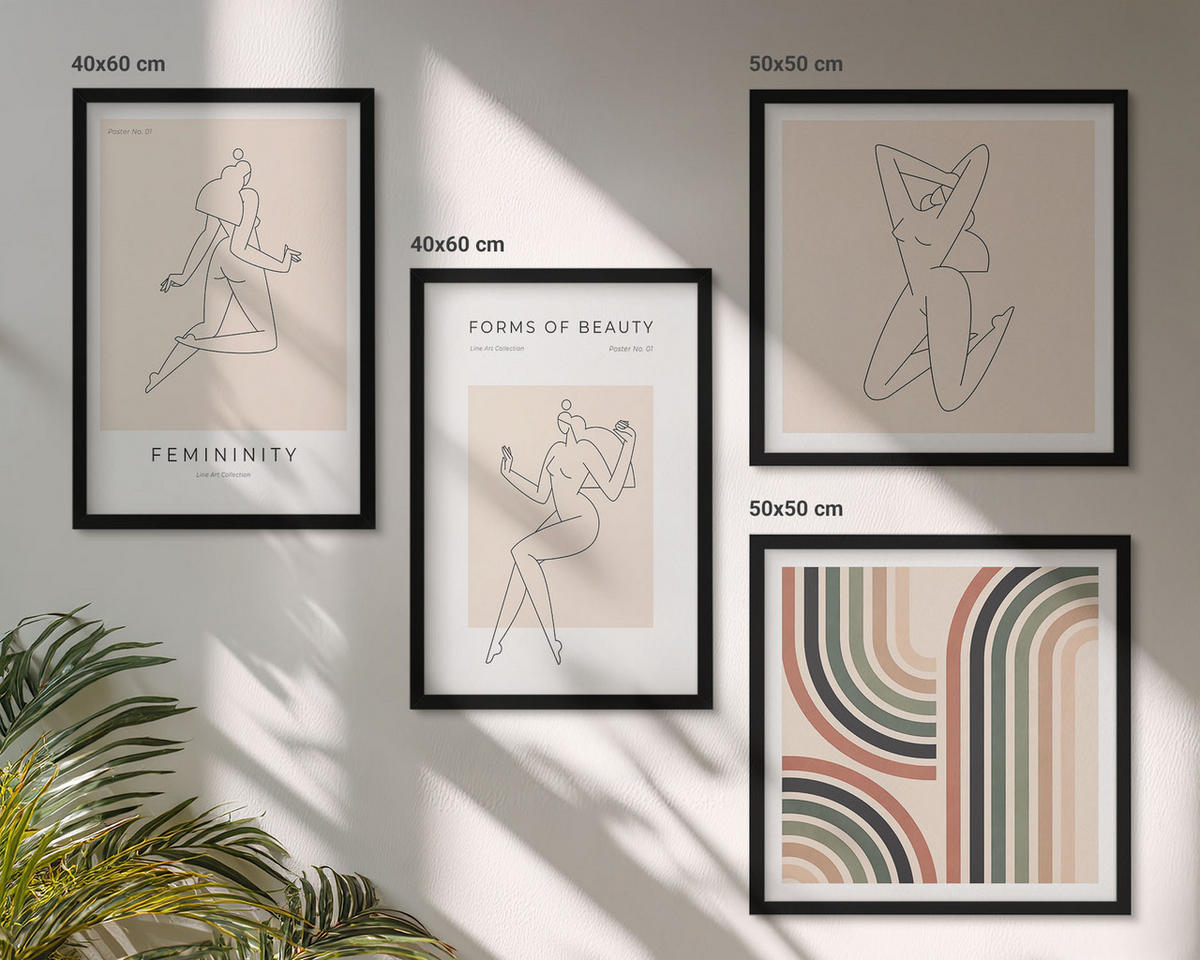 BILDER SET 4er Set - 50x50 cm & 40x60 cm Schwarzer Rahmen - Weibliche Silhouetten auf Plakaten - Schwarz, Kunststoff (50/50cm) - TULUP